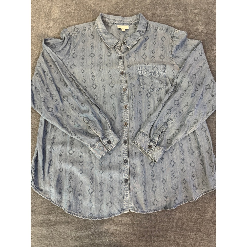 CJ Banks Womens 2X Blue Ikat Diamond Print Lyocell Viscose Button Down Shirt